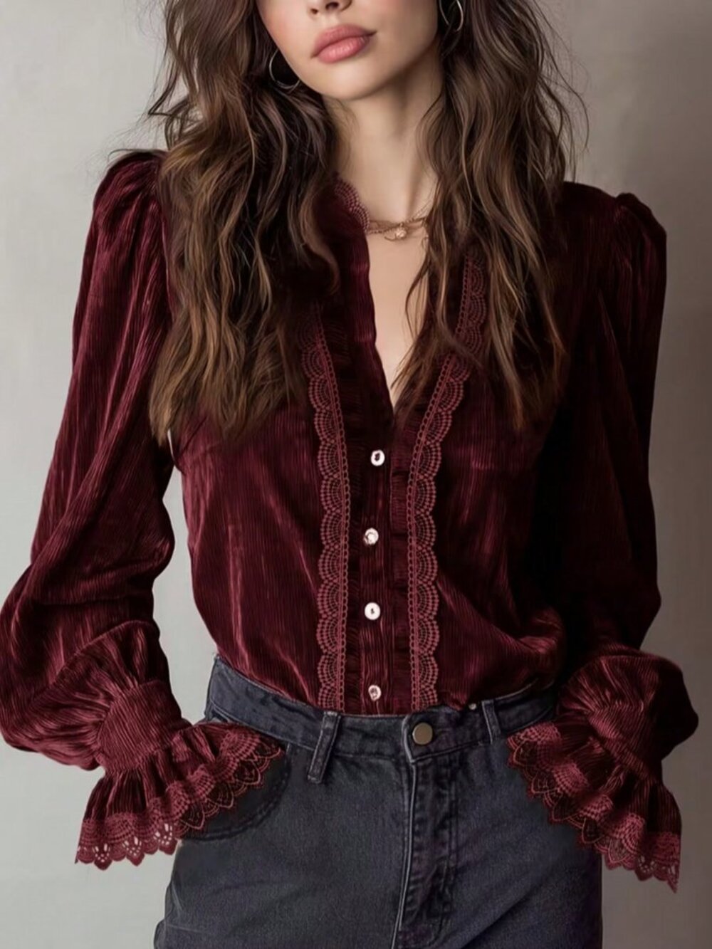 Wine Red Elegant Women's Velvet Blouse